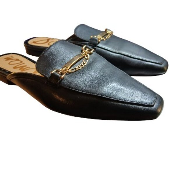 SAM EDELMAN Black Leather Mules Gold Bar & Chain 8M- like new. - Picture 2 of 8